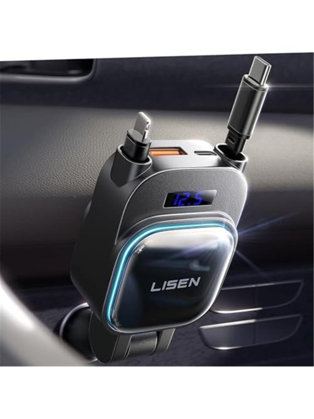 LISEN 96W 4 in 1 Retractable Car Charger with USB C & Lightning Cable for